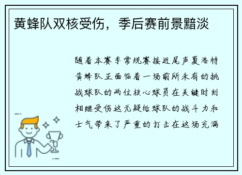 黄蜂队双核受伤，季后赛前景黯淡
